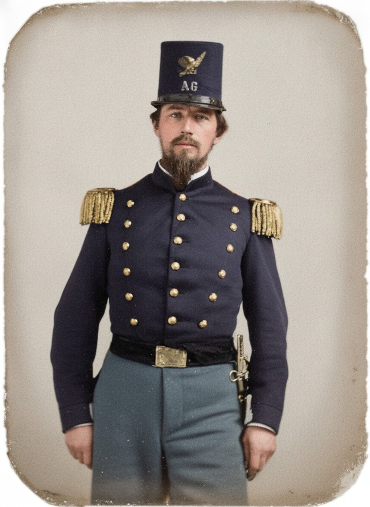 After: c.1860 militia officer portrait — spots and age damage healed and colorized (shadowed lower body reconstructed)
