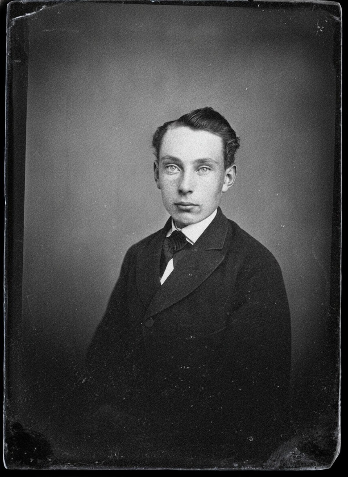 After: Glass-plate studio portrait — deep scratches and plate damage repaired