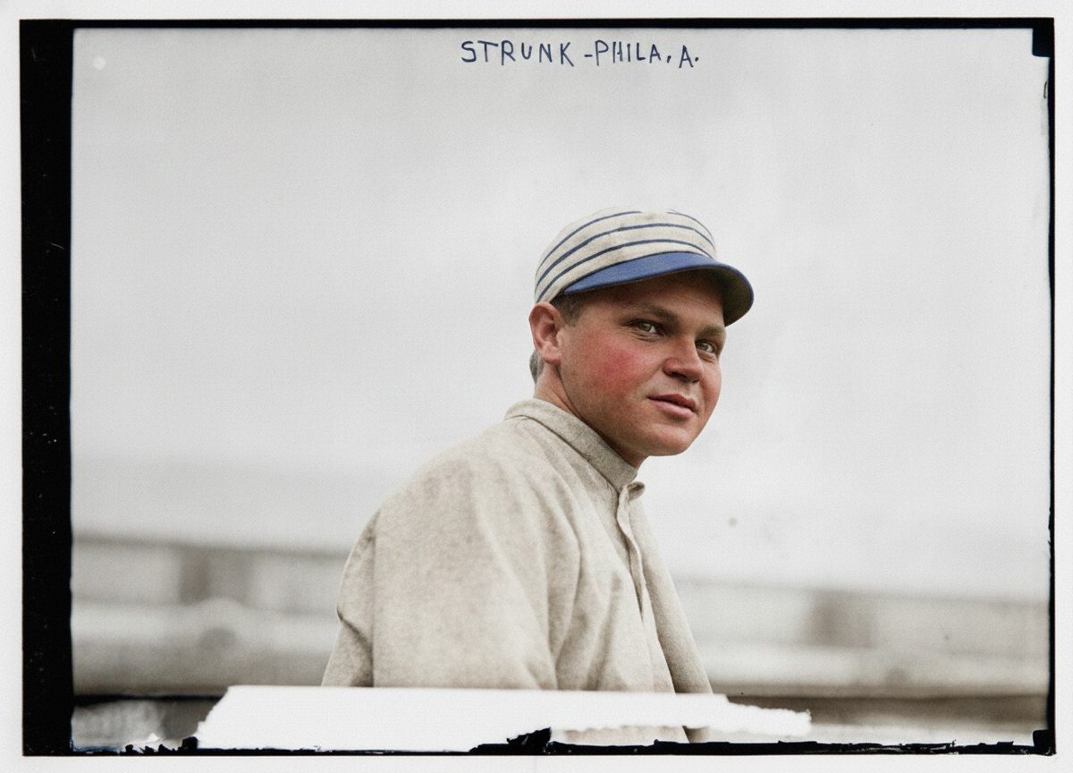 After: 1911 baseball portrait (LoC Bain) — scratches removed, colorized