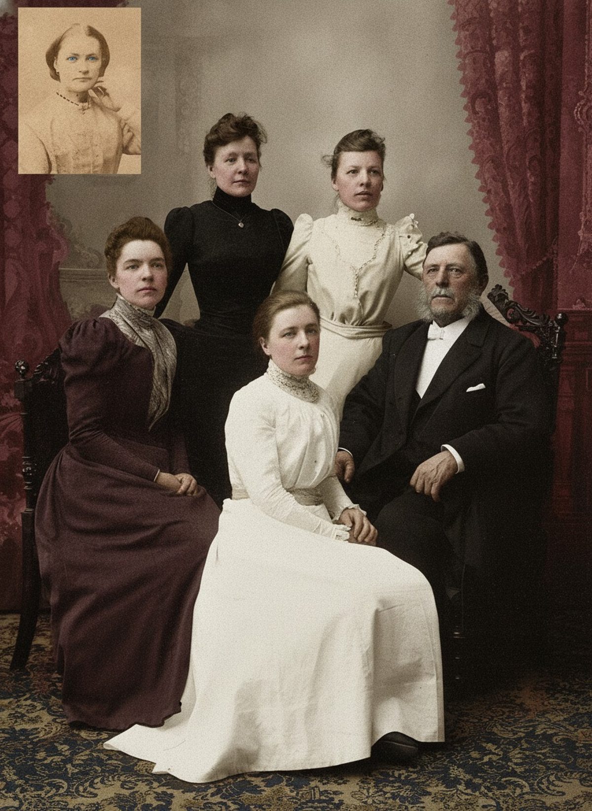 After: 1877 family portrait — colorized with natural tones, scratches removed