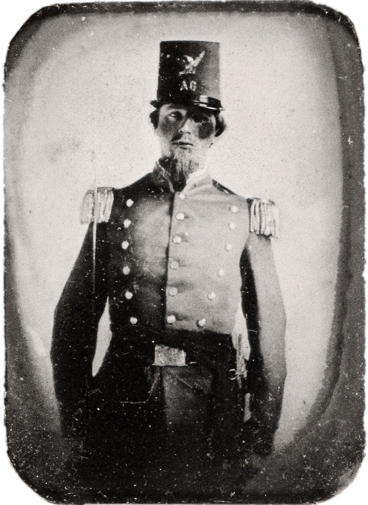 Before: c.1860 militia officer portrait — spots and age damage healed and colorized (shadowed lower body reconstructed)