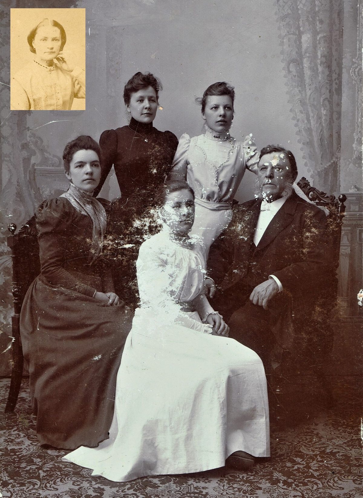 Before: 1877 family portrait — colorized with natural tones, scratches removed